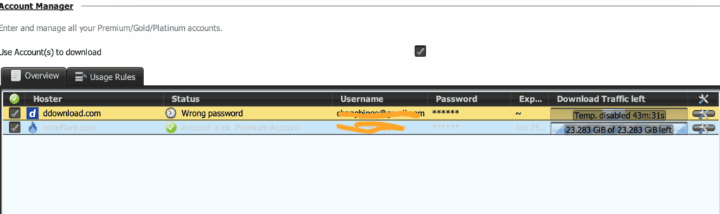 JDownloader 2 Account Manager screen showing a Nitroflare account listed with status "Account is ok: Premium Account" and remaining download traffic of 23.283 GiB
