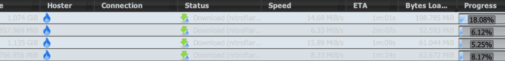JDownloader queue showing four active Nitroflare downloads running simultaneously with individual speeds of 14.69, 6.33, 15.89, and 8.33 MiB/s